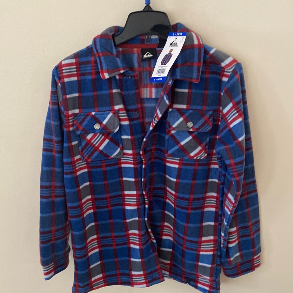 NWT boys blue plaid fleece jacket shirt size large L 14/16 NEW